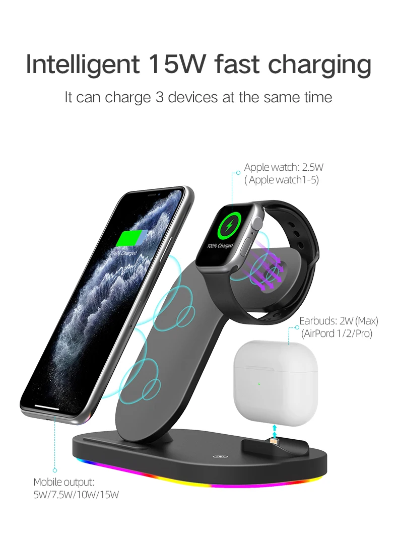 Fast 15W Smart Phone Charging dock station 3in1 QI Wireless charger for Xiaomi Huawei Iphone 12 11 XS XR X 8 Apple watch airpods