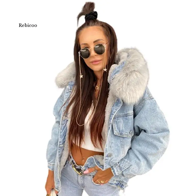 Streetwear Removable Fur Collar Thick Short Denim Coat Women Winter Warm Big Pocket Jean Jacket Loose Single Breasted Tops Coat