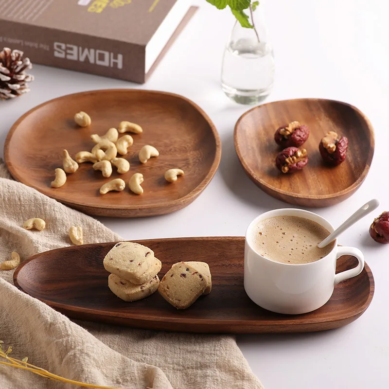 Wooden Tea Tray Acacia Oval Rectangular Irregular Solid Wooden Tea Plate Serving Table Plate Snacks Food Storage Serving Dish