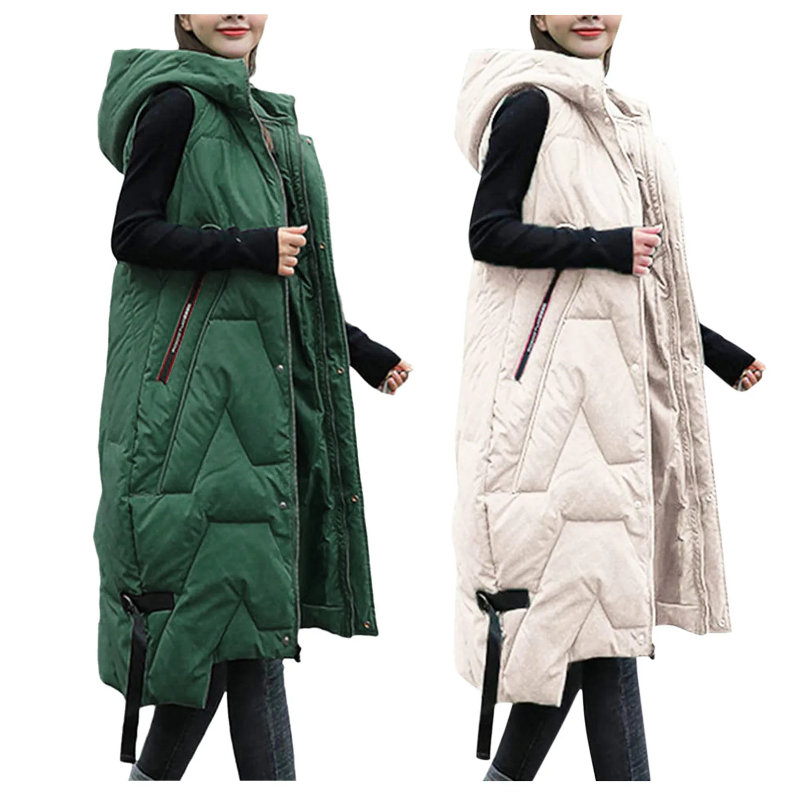 Long Winter Vest Women\'s Solid Hooded Pockets Zipper Padded Ladies Casual Sleeveless Jacket Warm Waistcoat for Female 2021 New