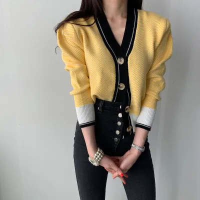 V-neck Single-breasted Korean Cardigan Sweater Women 2024 Autumn Winter Color-blocked Long Sleeve Fashion Elegant Ladies Tops