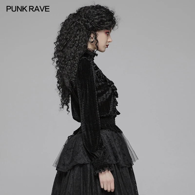 Punk Rave Women Gothic Dark-grain Velvet Blouse Black Top WT571