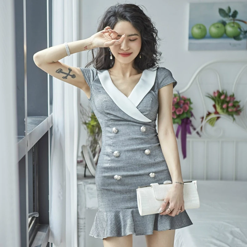 2021 Summer Gray Mini Dress Ladies Short Sleeve Double Button Corset Tight Wrap Ruffle Dress Woman Sexy Party Dresses for Women