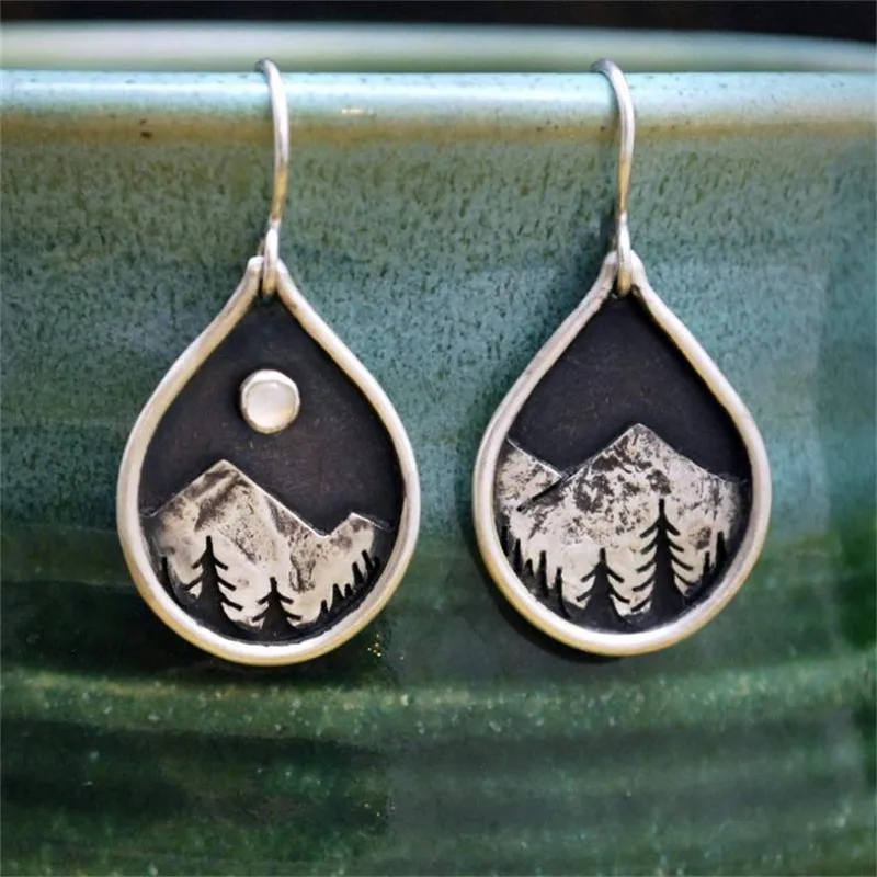 Vintage Mountain Peak Dangle Earring Silver Color Water Drop Earrings for Women Female Boho Fashion Party Statement Jewelry Gift