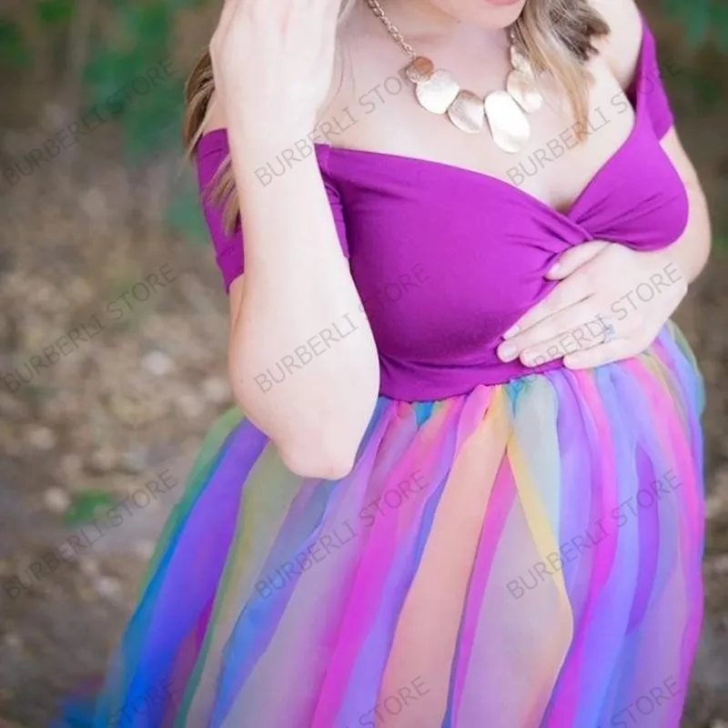 Elegant Colorful Tulle Maternity Dresses A Line Bridal Rainbow Tulle Pregnancy Dressing Gowns Custom Made Cap Sleeve