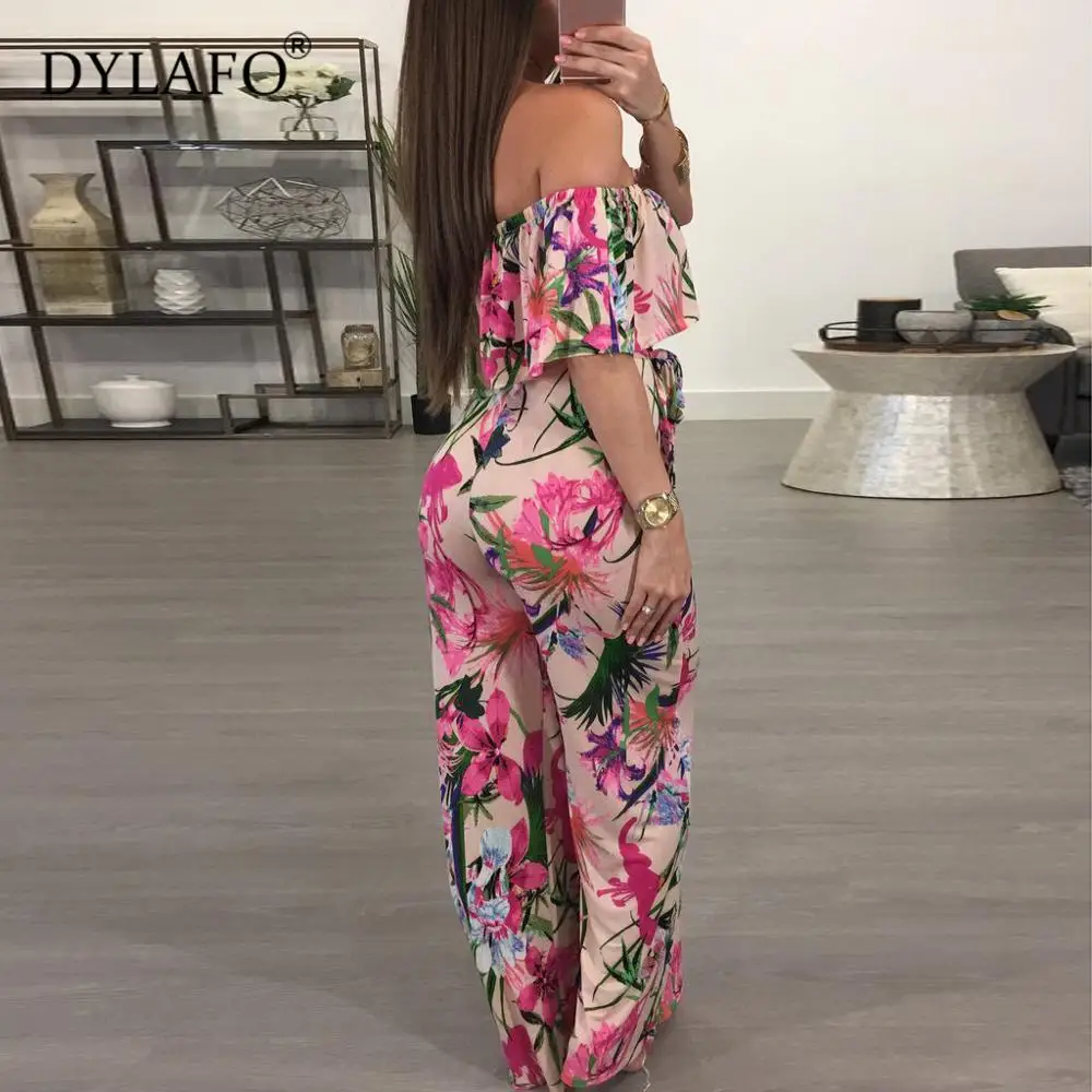 2020 Bohemian Floweral Print Lace Up Jumpsuits&Rompers Off Shoulder Plus Size Women Jumpsuit Summer Beach Sexy Jumpsuit Overalls