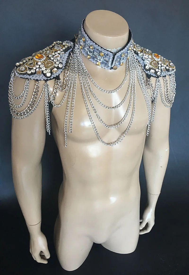 Prince shoulder wear sexy men model passerella Super flash diamond metal nappa abito a spalla gogo boy stage party bar accessorie