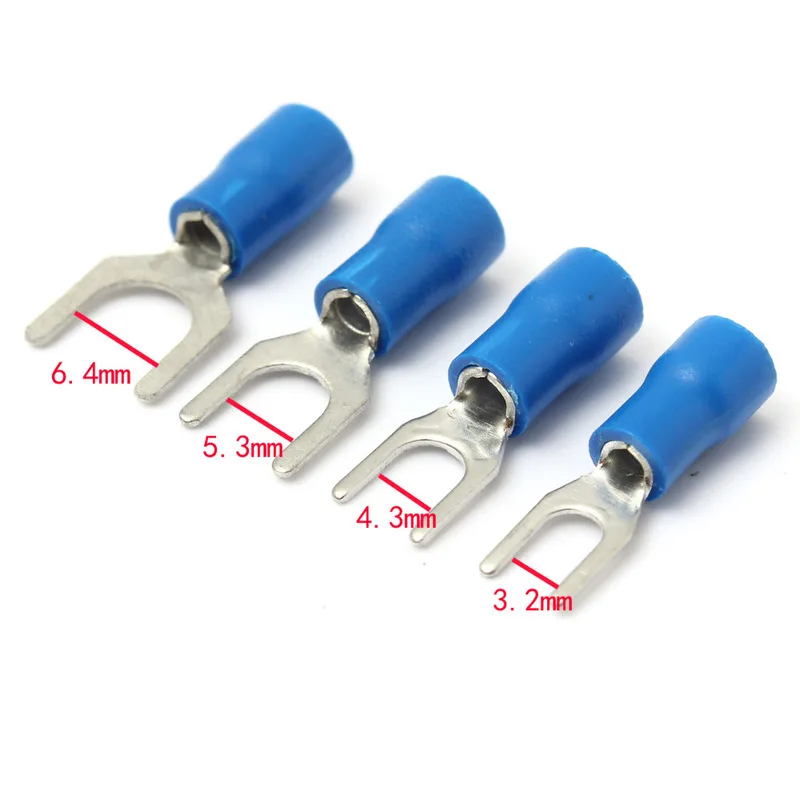 25pcs Blue Insulated Fork Wire Connector Electrical Crimp Terminal 1.5-2.5mm 16-14AWG 6.4m 5.3mm 4.3mm 3.2mm