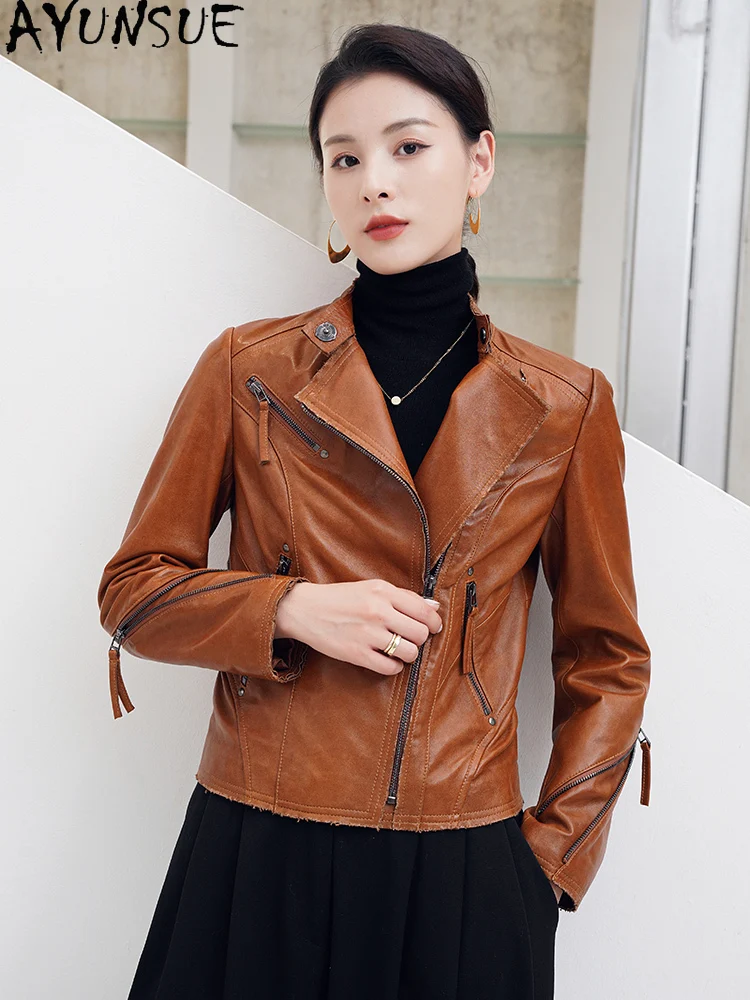 AYUNSUE Chính Hãng Áo Khoác Da Nữ Phong Cách Hàn Quốc Da Cừu Thật Xo Mùa Thu Vintage Ngắn Quần Áo Chaquetas Para Mujer