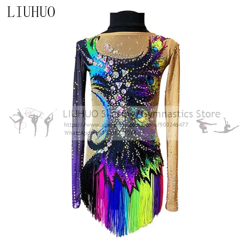 LIUHUO Figure Skating Dress Women's Girls Colorful Tassels Rhythmic Competition Unitard Ballet Dance Leotard Artistic Costume