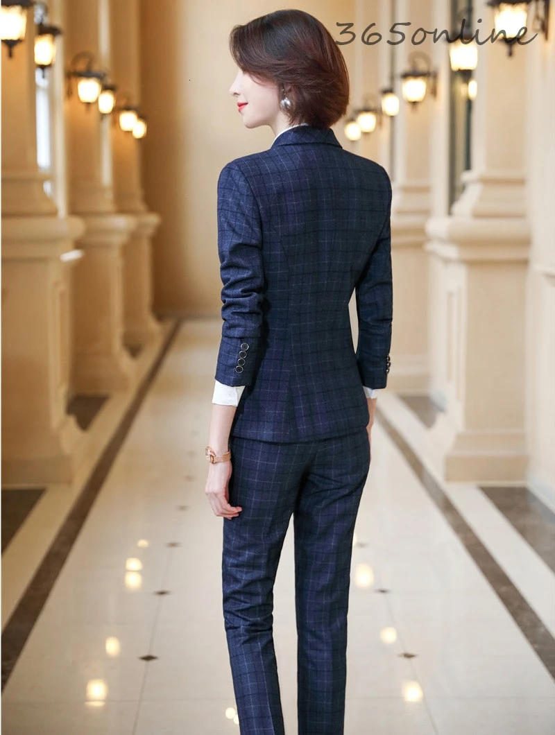 Formal Uniform Designs Pantsuits for Women Business Work Wear Ladies Office Autumn Winter Professional OL Blazers Fashion Plaid