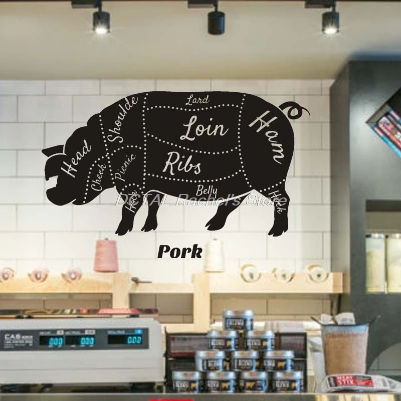 Pork Decals Wall Vinyl Decal Home Decor Art Sticker Pork Cuts Butcher Meat Pig Cattle Room Removable Stylish Mural