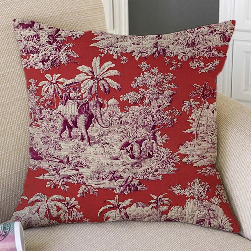 Royal European Art Toile De Jouy Art Elephant Home Decorative Sofa Throw Pillow Case Cute Cotton Linen Chair Seat Cushion Cover