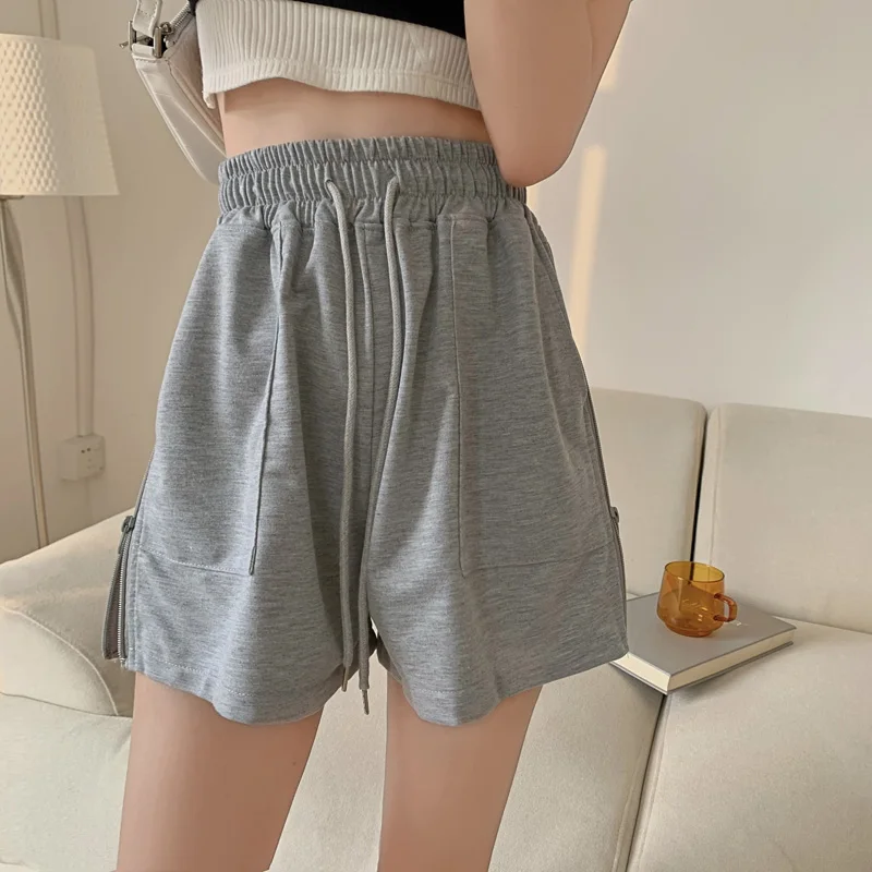 Women Sleep Bottoms Solid Zipper Side-slit Design Hipsters Shorts Fashion High Elastic Waist Teens Lounge Wear Loose Casual Cozy