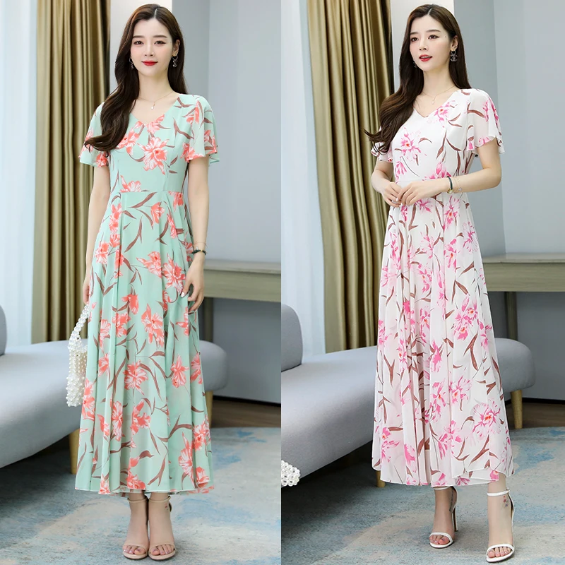 Summer Floral Chiffon Boho Beach Vacation Midi Dress Women Vintage Casual Evening Maxi Dress 2024 New Bodycon Party Prom Vestido