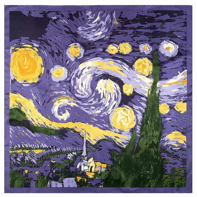 130cm New Van Gogh Starry Sky Oil Painting 2021 Brand Scarf Twill Silk Square Scarf Women Kerchief Shawl Scarves For Ladies