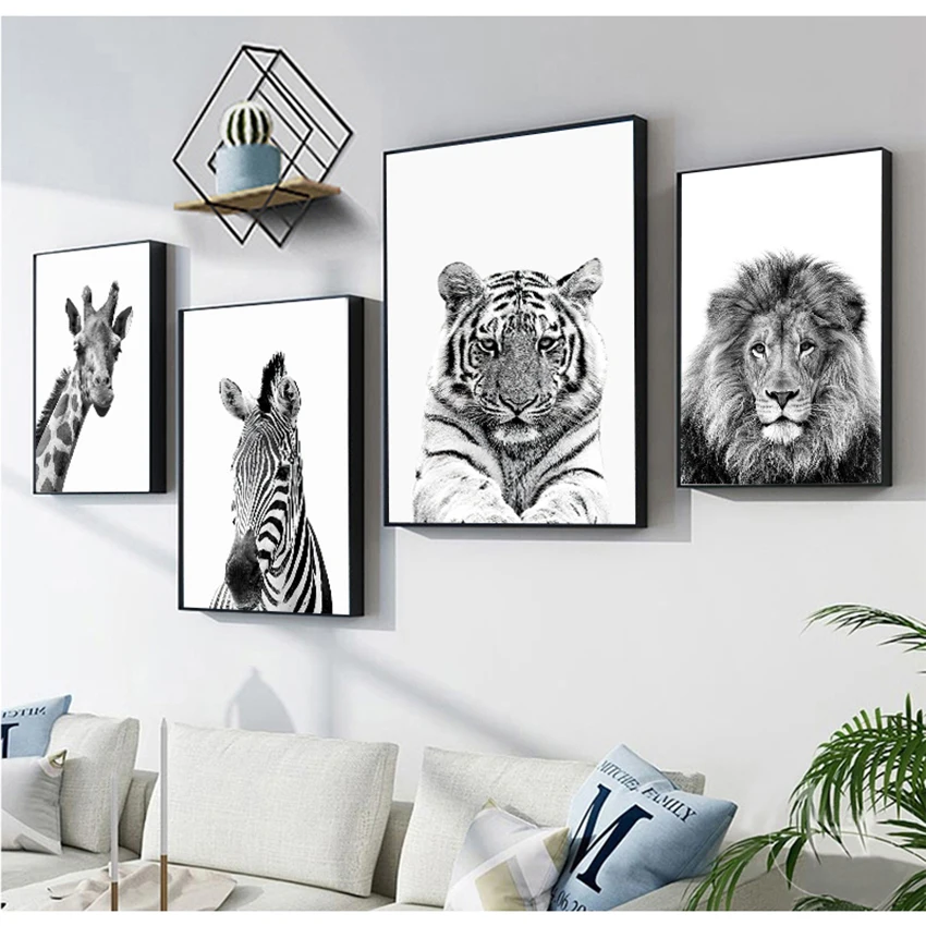 Black and White Pictures Kids Room Decoration Animals Print Lion Zebra Elephant Wall Art Poster Safari Nursery Canvas Painting