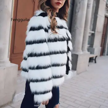 Winter Zwart-wit Gestreepte Faux Fur Coat Fur Coats Vrouwen Elegante Bontjas Brand Fashionlong Mouwen Kraag Casual Vrouw