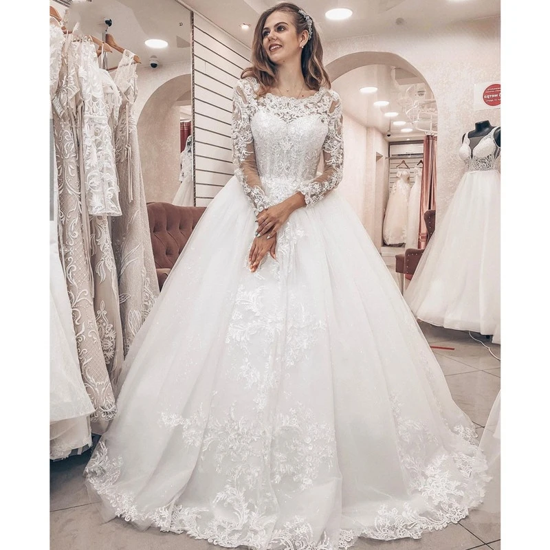 Elegante Prinses Baljurk Trouwjurken Lange Mouwen Kant Applicaties Charmante Sheer Terug Bridal Party Jurk Robe De Mariee