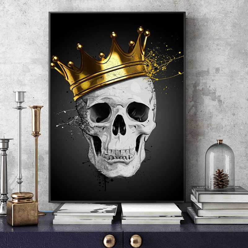 

White Vintage Skull Wearing Crown Canvas Painting Animation Posters and Prints for Living Room Wall Pictures Cuadros Home Decora