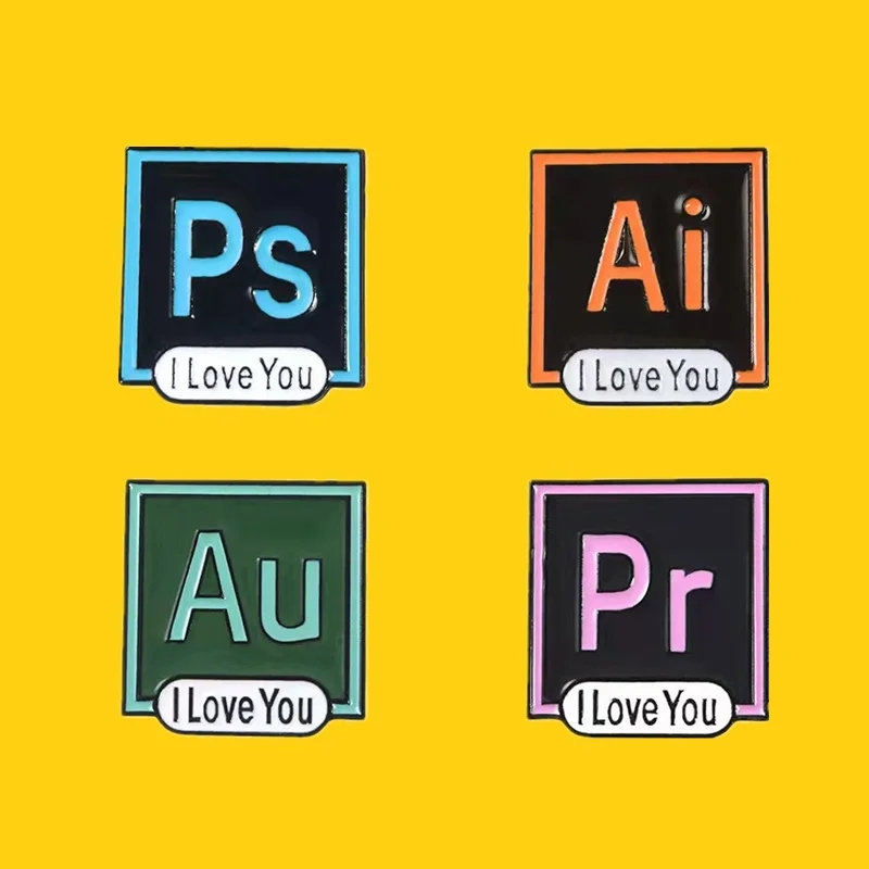 I Love You AI PS Pr Au Enamel Pin Brooch Photoshop Illustrator Premiere Adobe Icon Lapel Pin Computer Software Jewelry Wholesale