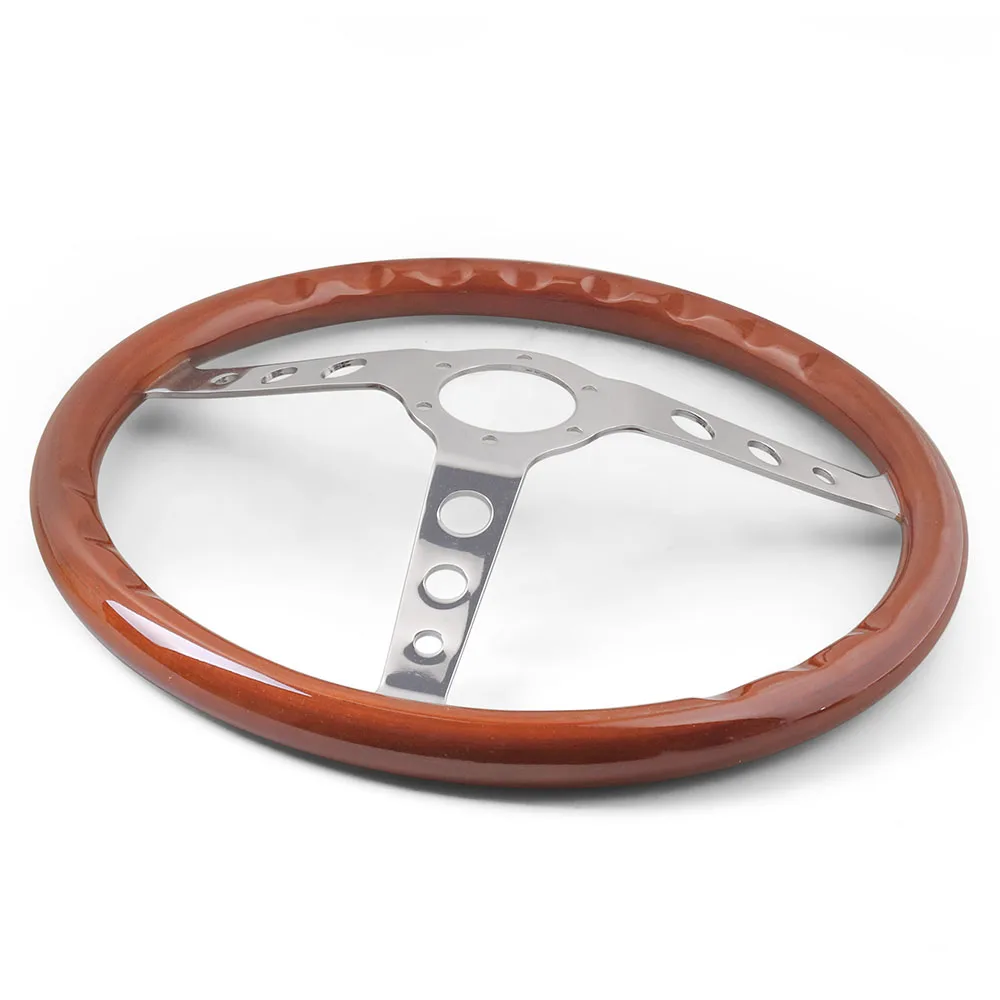 380MM 15inch Real Wood Steering Wheel & Horn Button 6 Holes Wooden Grain Silver Brushed Spoke Chrome Steering Wheel Depth 55mm