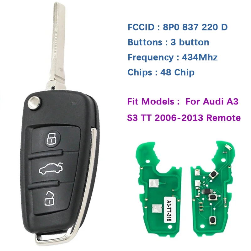 

CN008024 Aftermarket 3 Buttons Remote Car Key With 433MHz ID48 Chip For A-udi A3 S3 TT FCCID Number 8P0837220D