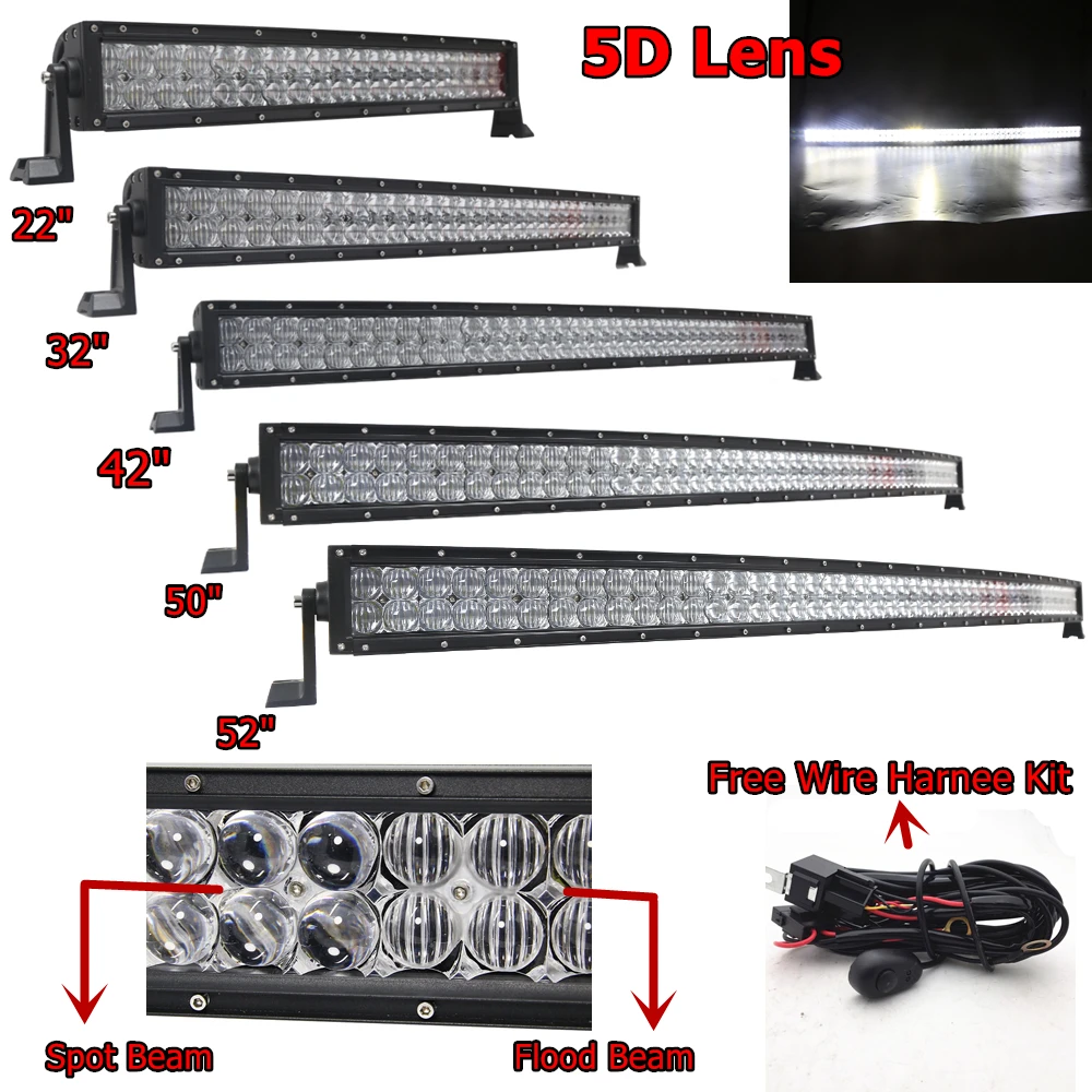 Auto 5D Curved 22 32 42 50 52 Inch Offroad LED Light Bar 4x4 ATV SUV LED Bar Truck Work Lights Boat Car Accessories Styling