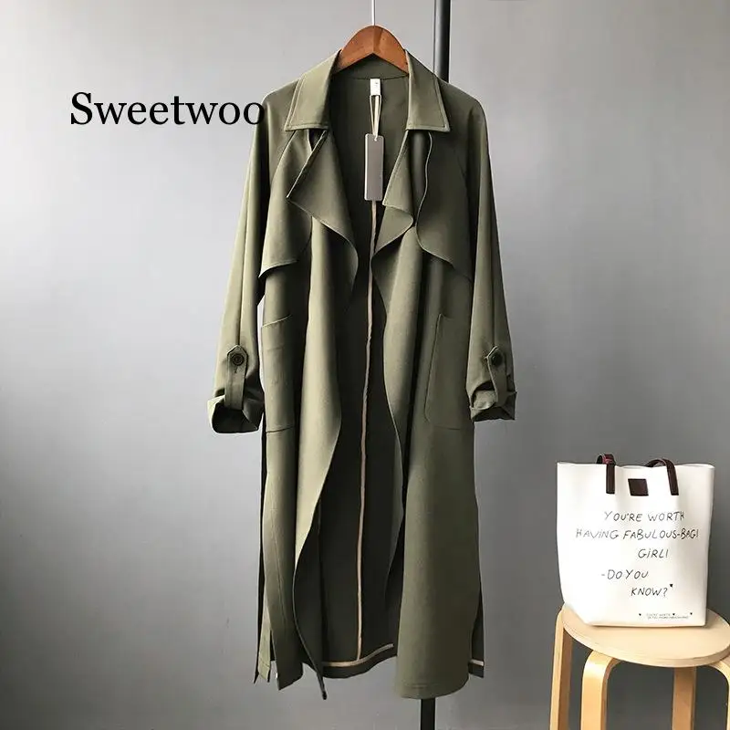 

2020 New Long Women Belt Trenches Knee Length Fashion Asymmetric High Street Coats Slim Waisted Casual