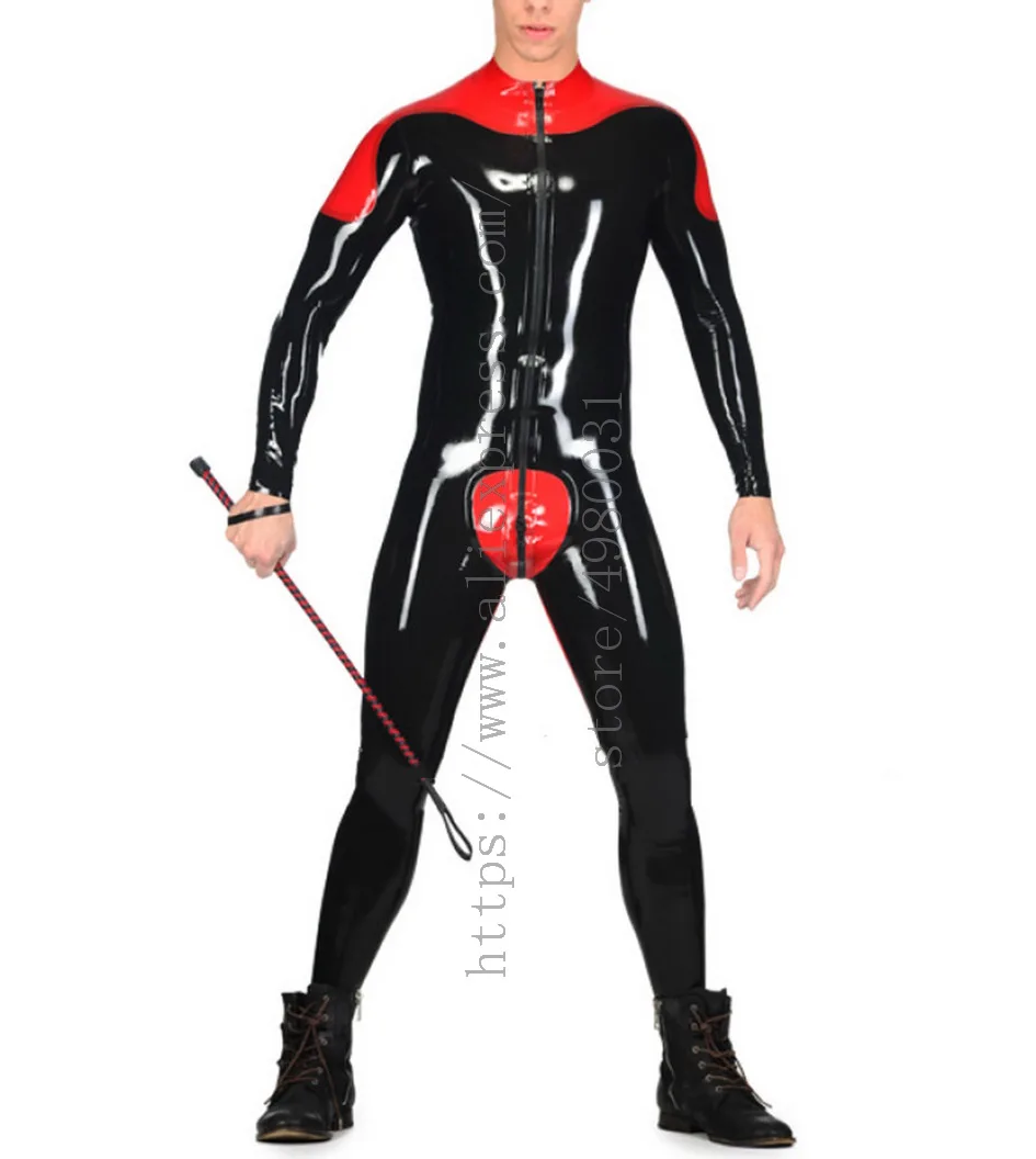 Front zipper to ass design men's black patchwork red latex bondage suit what is made of natural & flexible latex materials