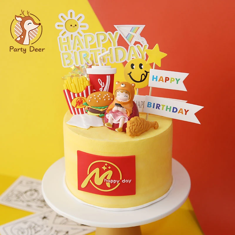 Hamburger Fries Cokes Drumstick Cell Phone Girl Cake Toppers for kid Shower Birthday Party Decoration Homebodies Baking Supplies