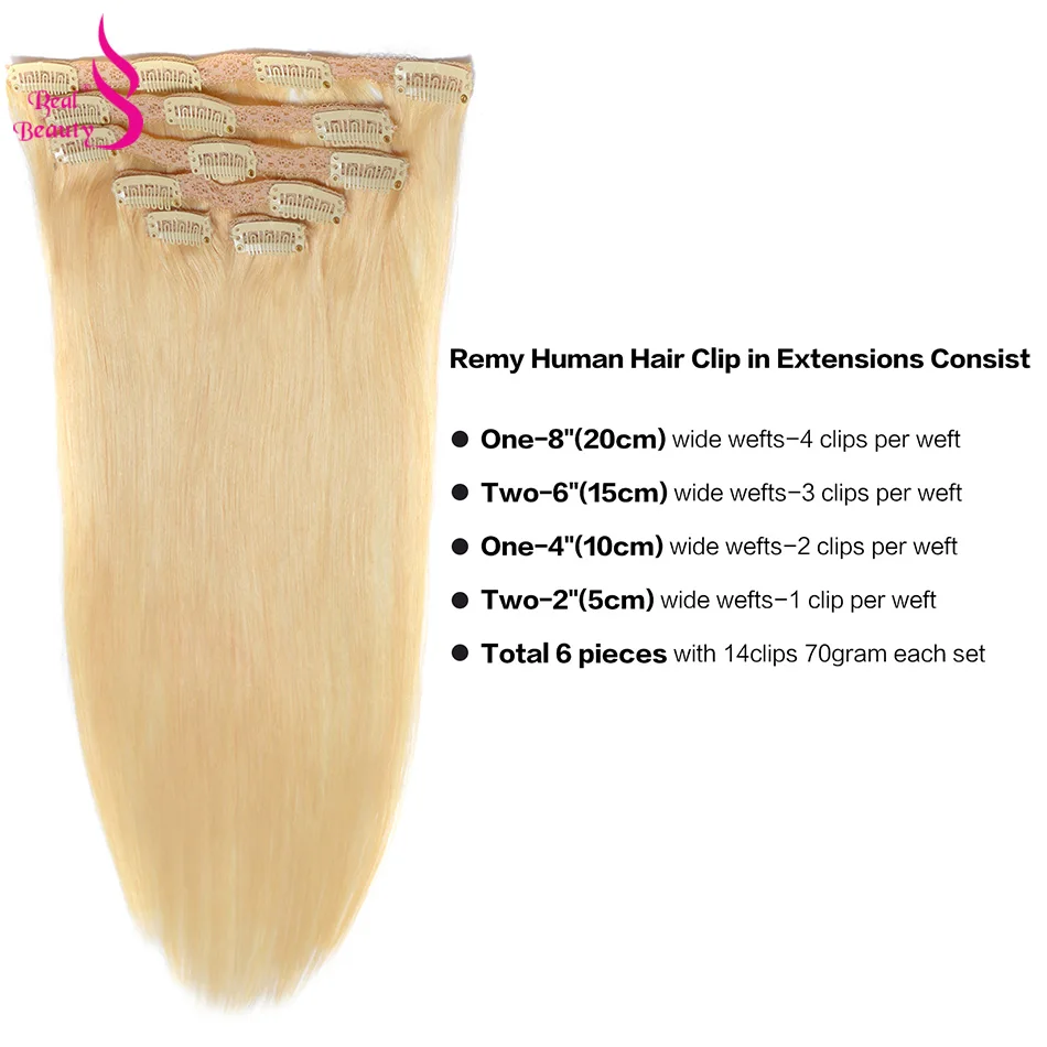 Real Beauty Straight Brazilian Clip in Human Hair Extensions Full Head Remy Hairpiece Double Weft 70g to 140g
