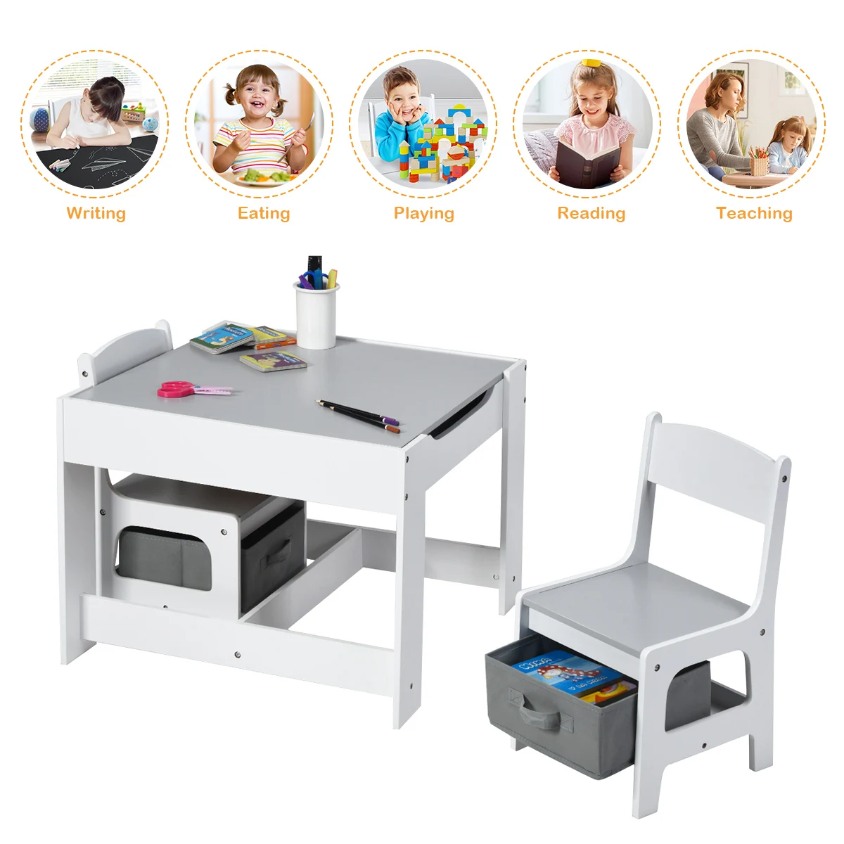 Sillas de mesa infantil con cajas de almacenamiento, pizarra blanca, dibujo, gris