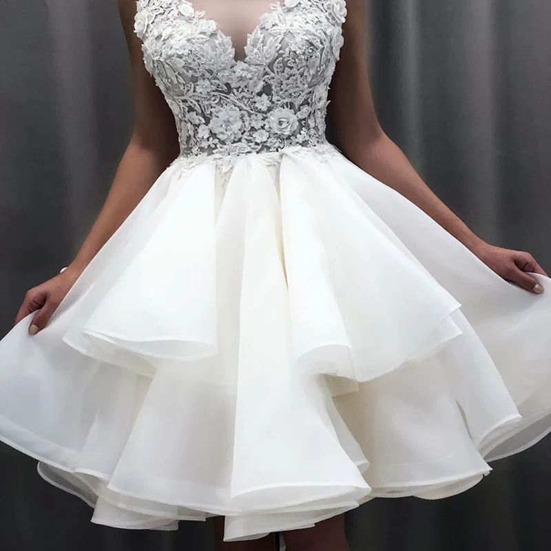 Lindo laço curto vestidos de casamento, até o joelho vestidos de noiva, o pescoço, sem mangas, cortar para trás, saia em camadas, novo, 2023