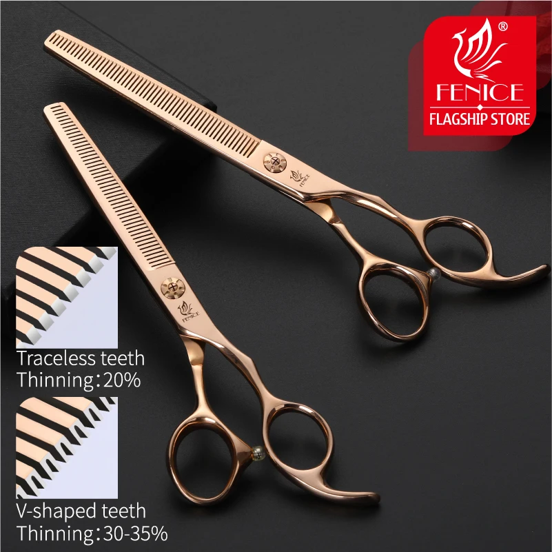 Fenice 6.5/7.0 inch Professional Thinning Scissors for Dogs Gold Traceless/V-shaped Teeth Grooming Shear JP440C