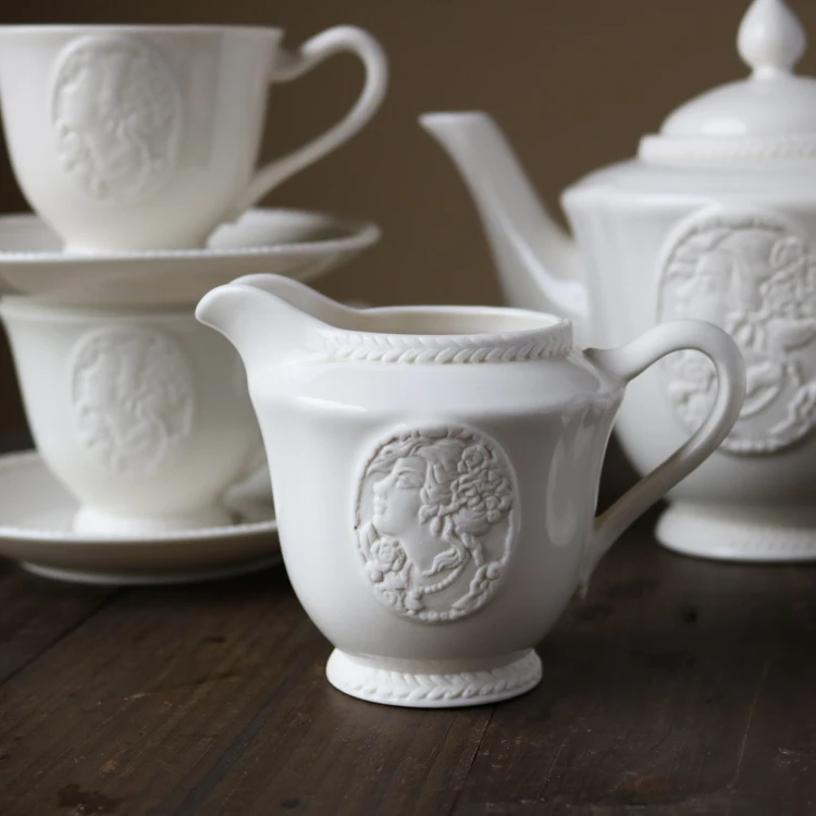 Ceramic White Color Queen Embossed Teapot/Coffee Cup Saucer/Milk Jug/Sugar Jar