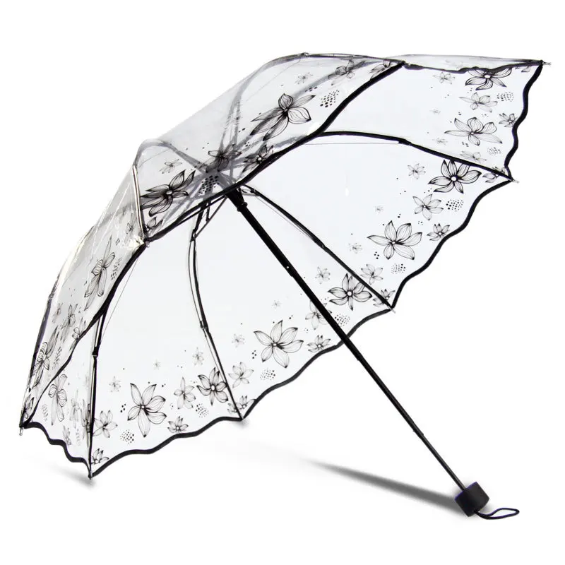 Transparent Thicken Three Fold Women Rain Umbrella Romantic PVC Clear Automatic Umbrellas Flower Printed Umbrella For Girls Kids