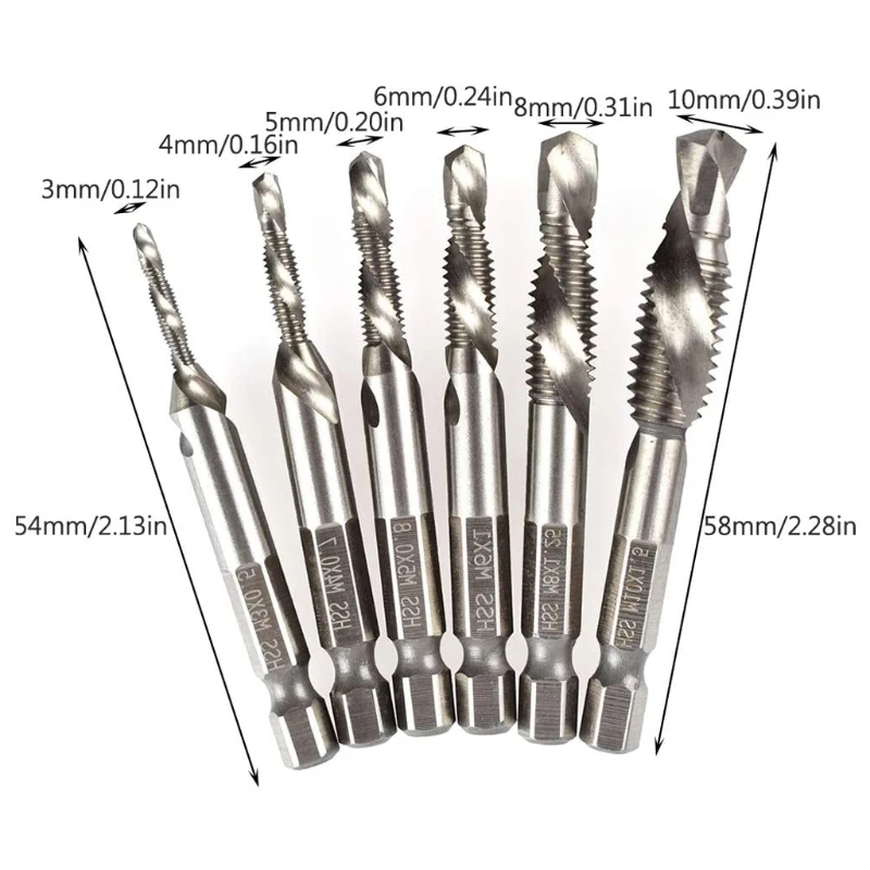 6 pezzi M3-M10 vite punte da trapano rubinetti HSS svasatore sbavatura Set esagonale metrico