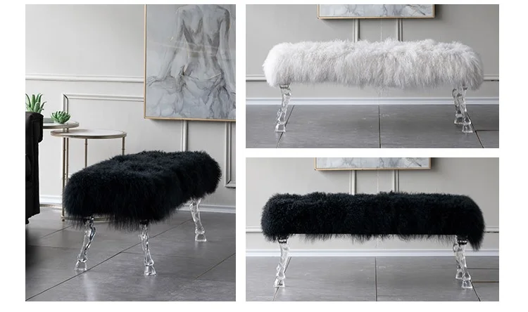 France Design Acrylic Bench with Cabriole Leg and Claw Foot / Long Stool with Wool Blanket