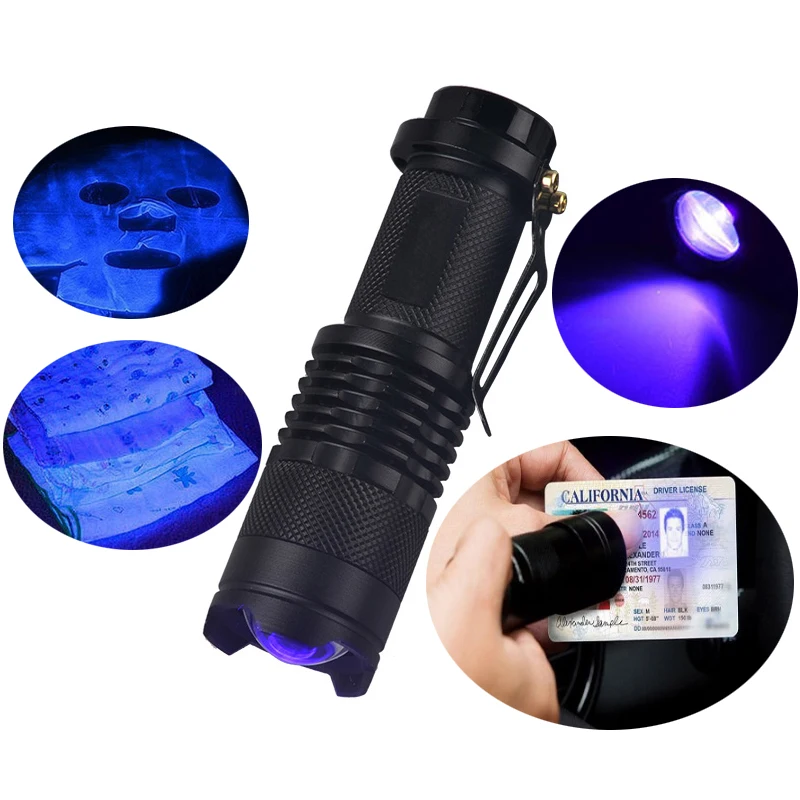 TopCom 365nm 395nm XPE UV Blacklight Scorpion UV Light Pet Urine Detector Zoom Ultraviolet Flashlight