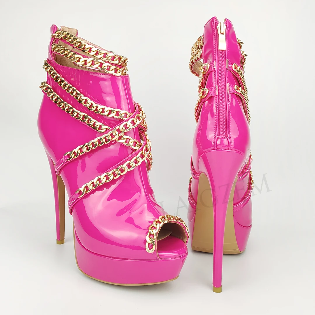 

LAIGZEM Ankle Women Summer Boots High Heels Platform Boots Metal Chains Back Zip Botines Shoes Woman Ladies Big Size 44 45 47 52