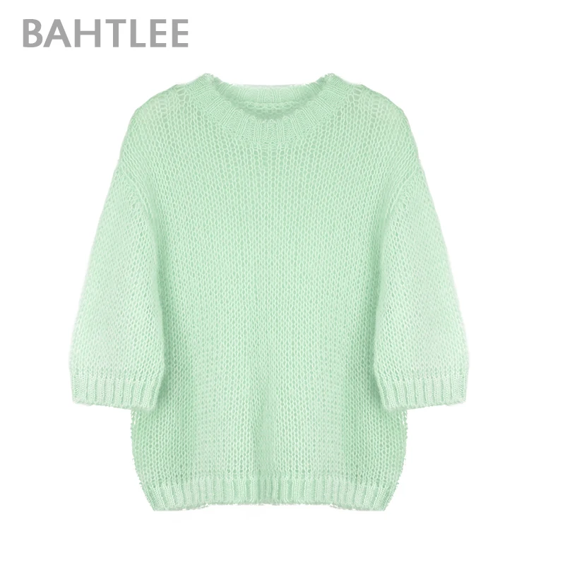 BAHTLEE-Women\'s Half Sleeves Mohair Knitted Pullover, O-Neck Sweater, Soft Loose Style, Wool Jumper, Spring, Summer