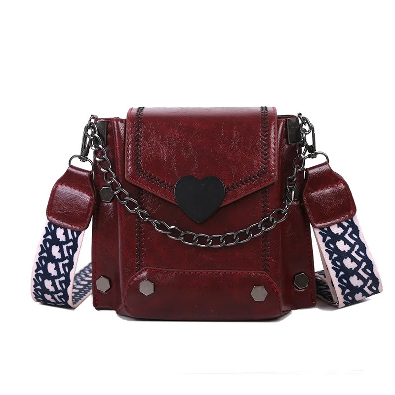 2020 Women Messenger Bag Wide Shoulder Strap Chain Design Fashion Shoulder Square Flap Bag Crossbody Bags for Women Heart