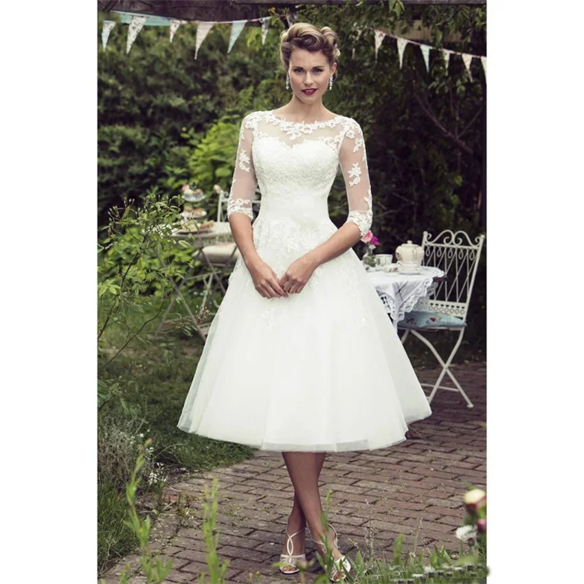 Estilo do vintage 50s s vestidos de casamento de renda curta meia mangas tule renda applique chá comprimento vestidos de noiva com botões