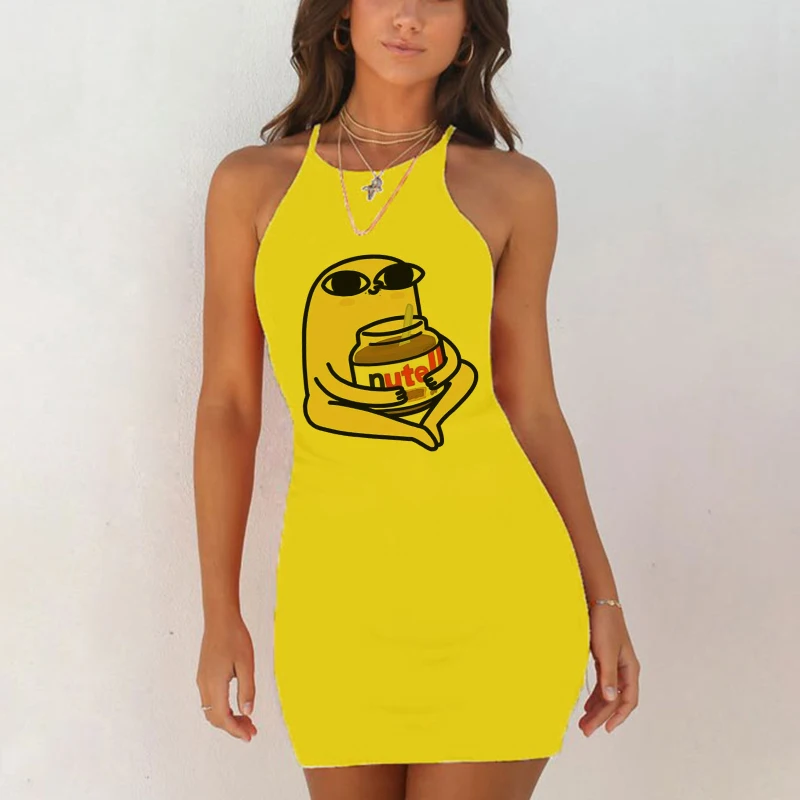 Cute Nutella Print Night Dress Women Nightgown Slim Pack Hip Sleeveless Sleepshirts Nightdress Sexy Yellow Sleepwear 2020 New