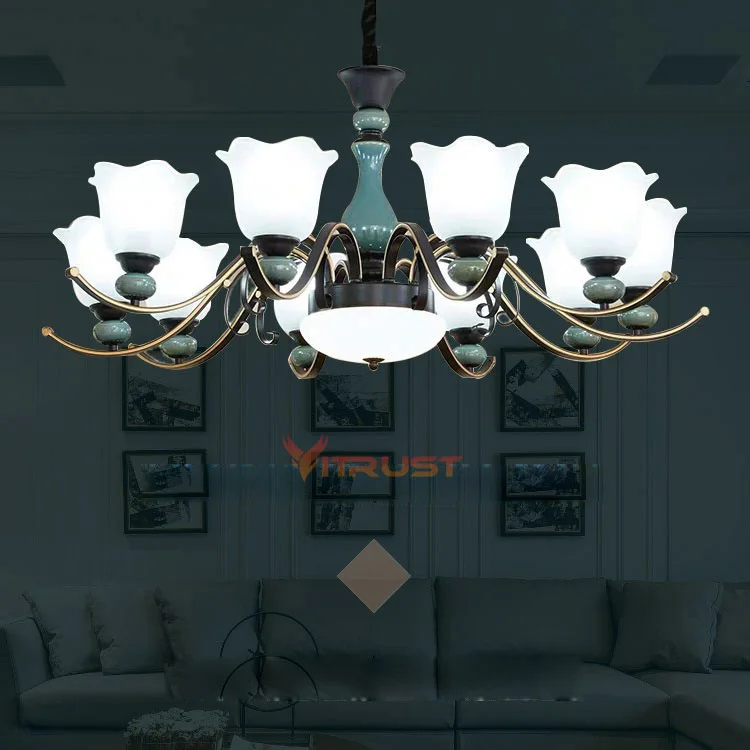 

Vintage Glass Ceramic Led Chandeliers luxury ceramic chandelier Retro Iron Glass Lampshade Hanging Lamp for bedroom dining room