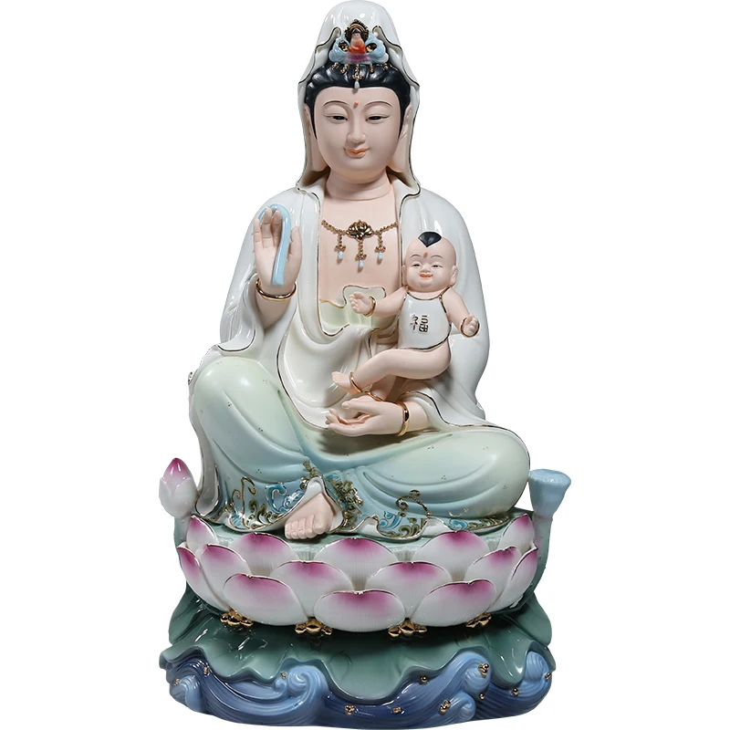 26cm to 42cm Handmade Lotus Children-Sending Guanyin Buddha statue worship Guanyin Bodhisattva Buddha Hall ceramic ornaments