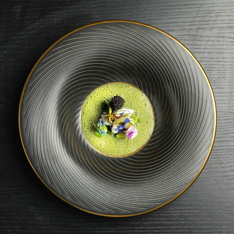 Platos de cena con textura en espiral de trazo dorado, plato de postre de pastel de té de la tarde europeo, tazón de ensalada de frutas, vajilla occidental francesa