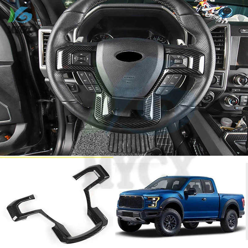 Fit For Ford Raptor F-150 2017 2018 2019 2020 Car Accessories Carbon Fiber Steering Wheel Button Decor Cover Trim 1pcs