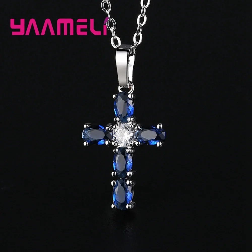 

Fine 925 Sterling Silver Cross Necklace Solid Blue AAA Cubic Zircon Inlay Cross Religious Jewelry Women's Choker Collar